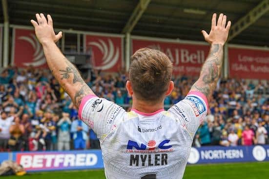 Richie Myler salutes Leeds' travelling fans following the crucial victory at Salford. Picture by Olly Hassell/SWpix.com.