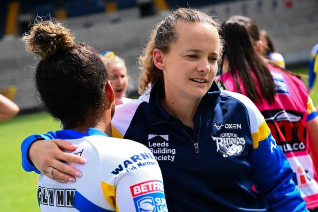 Leeds Rhinos coach Lois Forsell and forward Kaiya Glynn celebrates their win against York in June. Picture by Olly Hassell/SWpix.com.