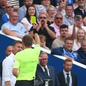 BRIGHTON, ENGLAND - AUGUST 27: Leeds manager Jesse Marsch gets a yellow car during the Premier League match between Brighton & Hove Albion and Leeds United at American Express Community Stadium on August 27, 2022 in Brighton, England. (Photo by Charlie Crowhurst/Getty Images)