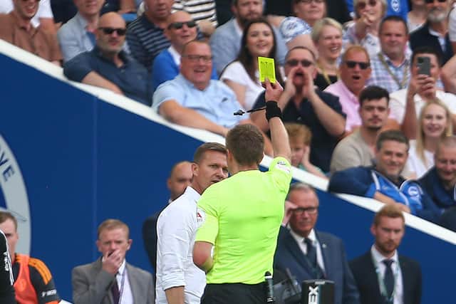 BRIGHTON, ENGLAND - AUGUST 27: Leeds manager Jesse Marsch gets a yellow car during the Premier League match between Brighton & Hove Albion and Leeds United at American Express Community Stadium on August 27, 2022 in Brighton, England. (Photo by Charlie Crowhurst/Getty Images)