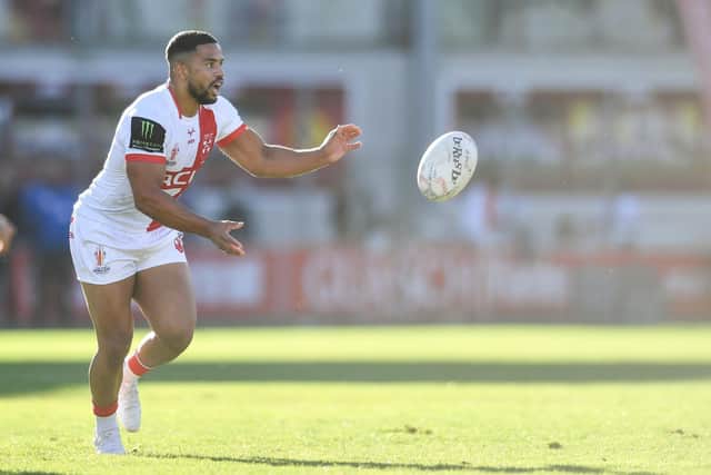 Kruise Leeming in action for England against France in Perpignan last October. Picture by Will Palmer/SWpix.com.