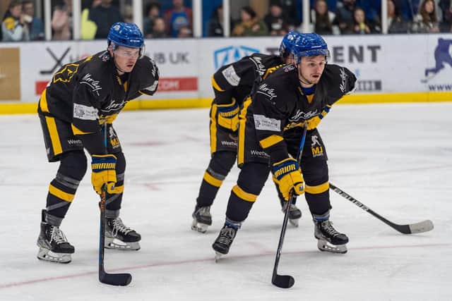 ON GUARD: Jordan Griffin (left) and Lewis Baldwin get prepared at a face-off during Saturday's win over Telford Tigers. Picture courtesy of Oliver Portamento.