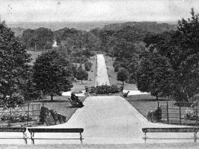 Postcard with a postmark of August 19, 1904 looking out over Roundhay Park from The Mansion. This former medieval hunting park had been transformed in the early 19th century by its then owners the Nicholson family before being bought at auction in 1871 by Leeds Corporation for the people of Leeds. A competition to design the landscape of the park was won by architect George Corson, but in the end although some of his proposals influenced the layout of the park few were fully implemented.