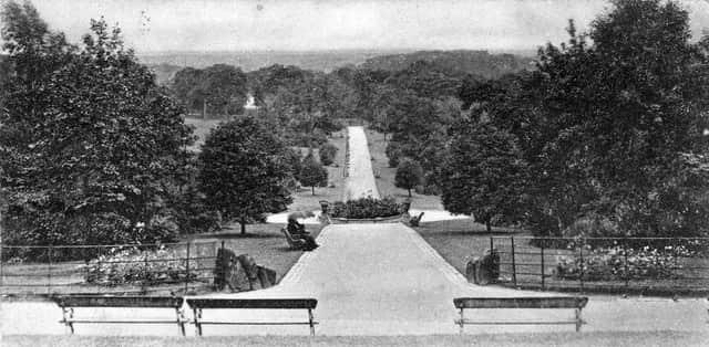 Postcard with a postmark of August 19, 1904 looking out over Roundhay Park from The Mansion. This former medieval hunting park had been transformed in the early 19th century by its then owners the Nicholson family before being bought at auction in 1871 by Leeds Corporation for the people of Leeds. A competition to design the landscape of the park was won by architect George Corson, but in the end although some of his proposals influenced the layout of the park few were fully implemented.
