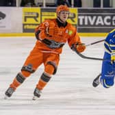DERBY DUEL: Leeds Knights' Finley Bradon (right) and Sheffield Steeldogs' Brady Doxey will meet again at Elland Road in the first leg of the NIHL National Cup final tonight. Picture: Tony Johnson.