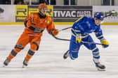 DERBY DUEL: Leeds Knights' Finley Bradon (right) and Sheffield Steeldogs' Brady Doxey will meet again at Elland Road in the first leg of the NIHL National Cup final tonight. Picture: Tony Johnson.