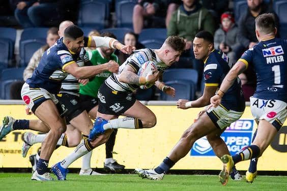 Hull's Liam Sutcliffe scores against his former club, Leeds, at Headingley in March. Picture by Allan McKenzie/SWpix.com.