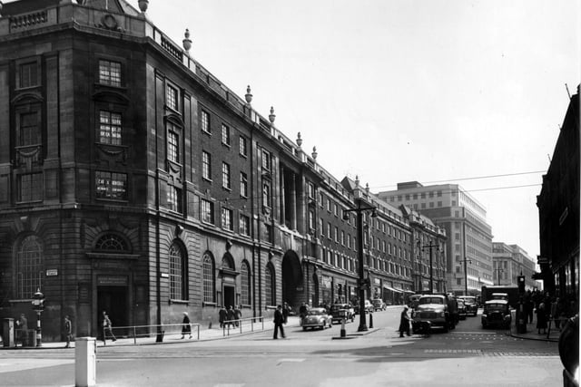 The junction of The Headrow and Cookridge Street looking north-east at the Leeds Permanent Building Society in May 1955.