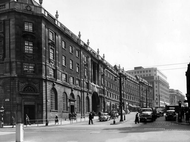 The junction of The Headrow and Cookridge Street looking north-east at the Leeds Permanent Building Society in May 1955.