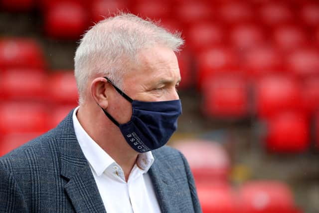 ABERDEEN, SCOTLAND - AUGUST 01: Former Rangers FC manger Ally McCoist is seen wearing a face mask pitchside prior to the Ladbrokes Premiership match between Aberdeen and Rangers at Pittodrie Stadium on August 01, 2020 in Aberdeen, Scotland