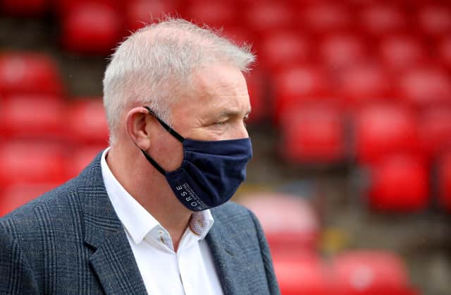 ABERDEEN, SCOTLAND - AUGUST 01: Former Rangers FC manger Ally McCoist is seen wearing a face mask pitchside prior to the Ladbrokes Premiership match between Aberdeen and Rangers at Pittodrie Stadium on August 01, 2020 in Aberdeen, Scotland