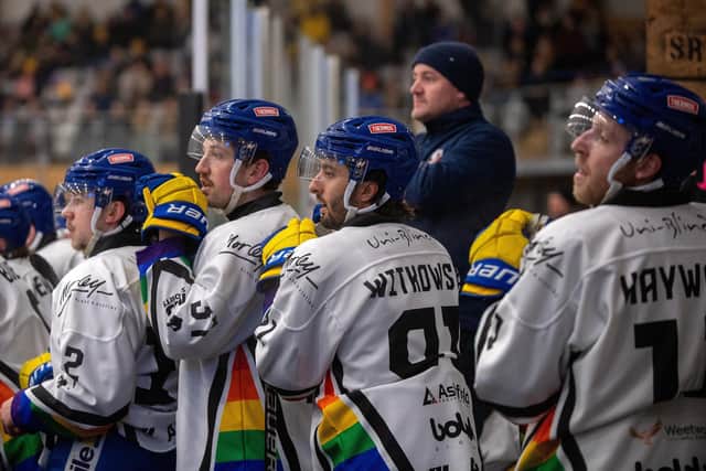 GAME ON: Leeds Knights ' players and coach Ryan Aldridge look on from the home bench on Friday night's 5-1 win over Telford Tigers Picture: Bruce Rollinson.