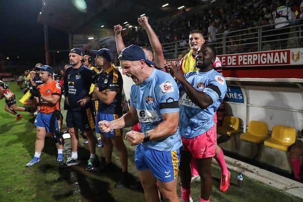 Rhinos' bench celebrate at the final whistle. Picture by Manuel Blondeau/SWpix.com.