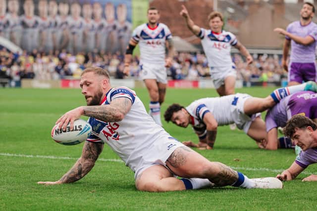 Josh Griffin scores for Wakefield Trinity in last week's win against Warrington Wolves. Picture by Alex Whitehead/SWpix.com.