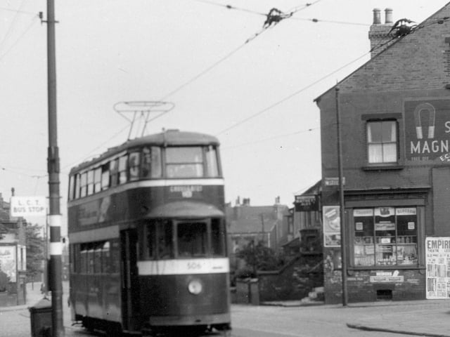 Whingate in July 1956. Tram no 506 on route 18 to Cross Gates showing pole with temporary clamp.
