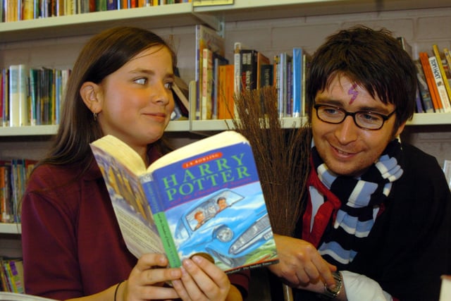 Book Week came alive at Farnley Park High School in October 2004.  Pictured is pupil Genevieve Goff with teacher Matt Cullen as Harry Potter.
