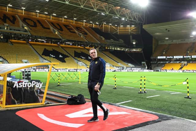 WOLVERHAMPTON, ENGLAND - NOVEMBER 09: Steve Davis, Interim Manager of Wolverhampton Wanderers looks on prior to the Carabao Cup Third Round match between Wolverhampton Wanderers and Leeds United at Molineux on November 09, 2022 in Wolverhampton, England. (Photo by David Rogers/Getty Images)