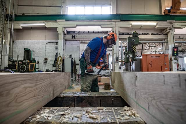 Stephen Brunt working at the Canal & River Trust's Stanley Ferry workshop near Wakefield, making the unique lock gates which are designed and constructed on site.