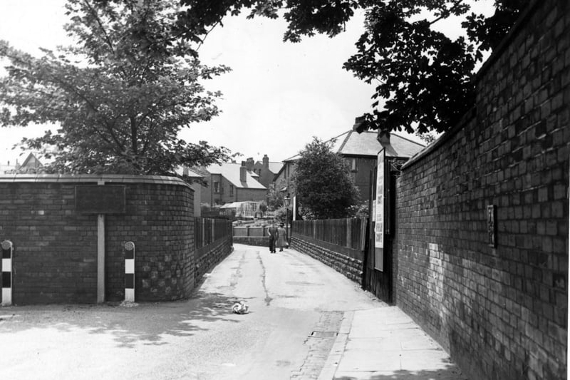 A man and woman are walking in opposite directions across a narrow bridge over the railway on St.Michael's Lane, on the southern approach to Headingley cricket and rugby grounds. Pictured in July 1956.