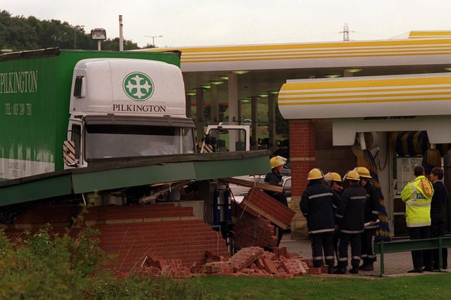 A lorry crashed into storage room for the car wash at Asda's petrol station at the Owlcotes Centre in October 1996.
