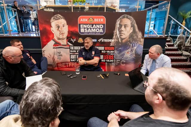 England coach Shaun Wane chats to the media at AMT Headingley to preview Saturday's Test against Samoa. Picture by Allan McKenzie/SWpix.com.
