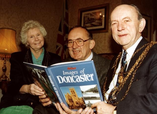 Alan Berry presents the book Images of Doncaster to the Mayor and Mayoress of Doncaster in 1997.