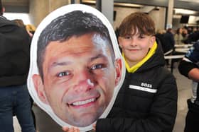 Jack Johnson, 11, of Leeds with a giant Ryan Hall head.