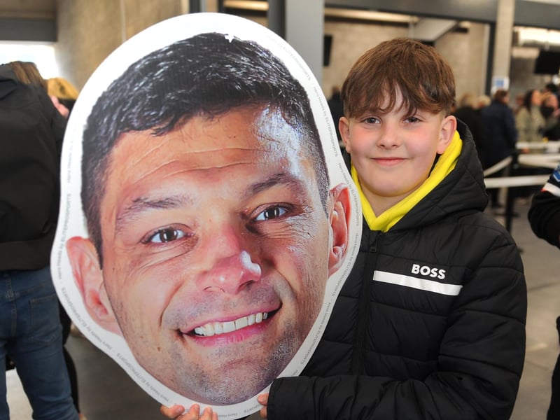 Jack Johnson, 11, of Leeds with a giant Ryan Hall head.