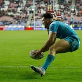 Liam Tindall scores for Leeds Rhinos at Wigan Warriors in 2023. Picture by Ed Sykes/SWpix.com.