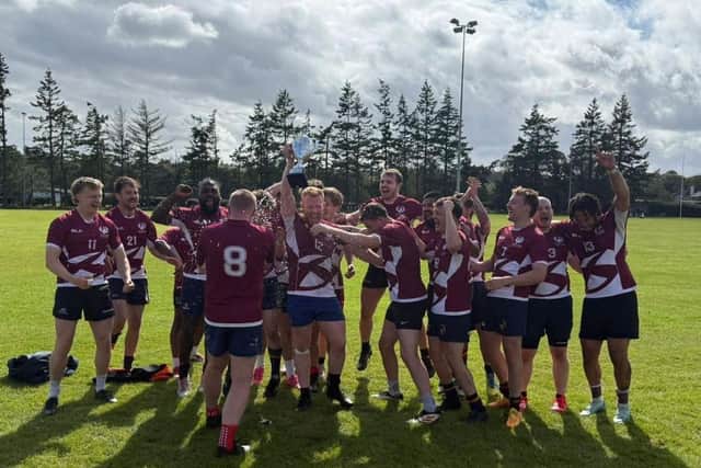 West End Warriors celebrate their win in the Scottish Rugby League Grand Final. Ex-Leeds Rhinos player Josh Walters is number 13, on the right of the picture. Picture by European Rugby League.