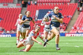 Rhinos' Caitlin Beevers scores a stunning try against St Helens at Wembley. Picture by Matthew Merrick/SWpix.com.