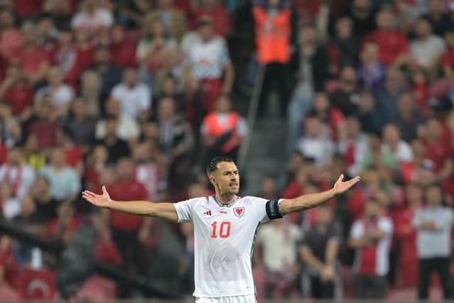 Wales' midfielder Aaron Ramsay reacts during the UEFA Euro 2024 qualifer group D football match between Turkey and Wales at Samsun Yeni 19 mayis stadium on June 19, 2023. (Photo by OZAN KOSE / AFP) (Photo by OZAN KOSE/AFP via Getty Images)
