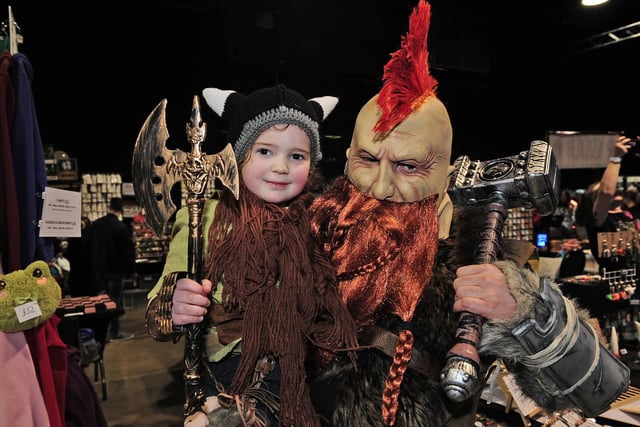 Shane Huby, of Roundhay, and Sylvie Simpson, four, get into character. (pic by Steve Riding)