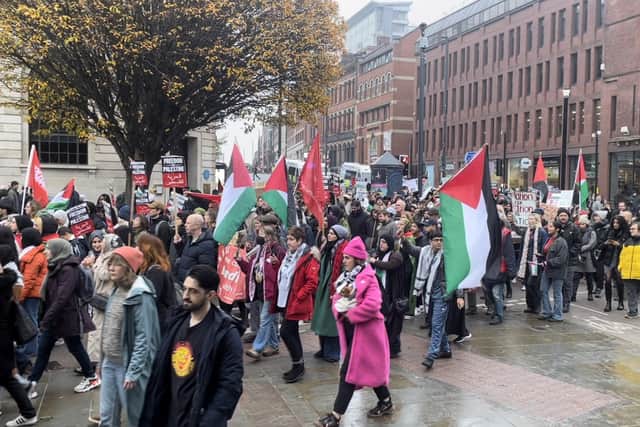 Thousands of demonstrators turned out in Leeds city centre on October 28 for a demonstration over conflict in the Middle East.