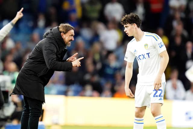 Leeds United manager Daniel Farke speaks to player Archie Gray (right) during a Sky Bet Championship match at Elland Road (Pic: Danny Lawson/PA Wire)