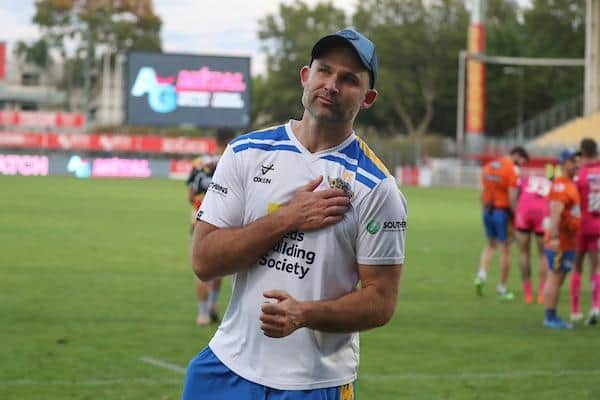 Rhinos coach Rohan Smith thanks supporters after the epic win in Catalans. Picture by Manuel Blondeau/SWpix.com.