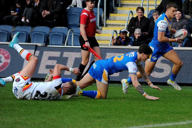 Ash Handley scores his second try in Leeds Rhinos' win against Bradford Bulls last weekend. Picture by Steve Riding.
