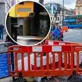 Leeds City Square, pictured with roadworks in place, and, inset, a traffic camera.