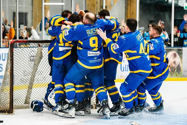 CHAMPIONS: Leeds Knights players celebrate their third straight NIHL National league title after victory over Solway last Sunday. Picture: Kev Bland/Knights Media.