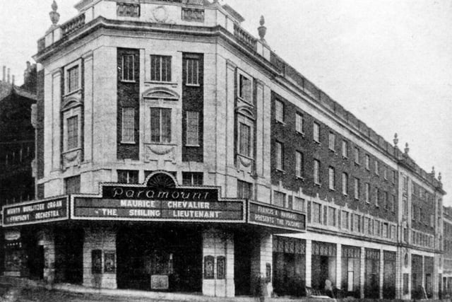The Paramount cinema on The Headrow at the junction with New Briggate. The cinema boated seating for 2,590, including 1,580 in the stalls and 1,010 in the balcony. The Paramount was billed on opening night as the 'Wonder Theatre of the North' and the Lord Mayor of Leeds Alderman, F. B. Simpson, performed the opening ceremony. The audience left the cinema to a rendition of 'Ilkla Moor Baht 'At' played by Rex O'Grady on the £20,000 Wurlitzer organ. The name changed to the Odeon on April 15, 1940.