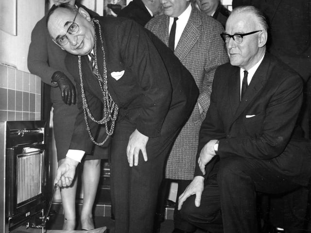 Alderman Joshua Walsh, in his role as Lord Mayor of Leeds, attending the opening of a back-to-back show house at no. 50 Seafroth Avenue in April 1967.