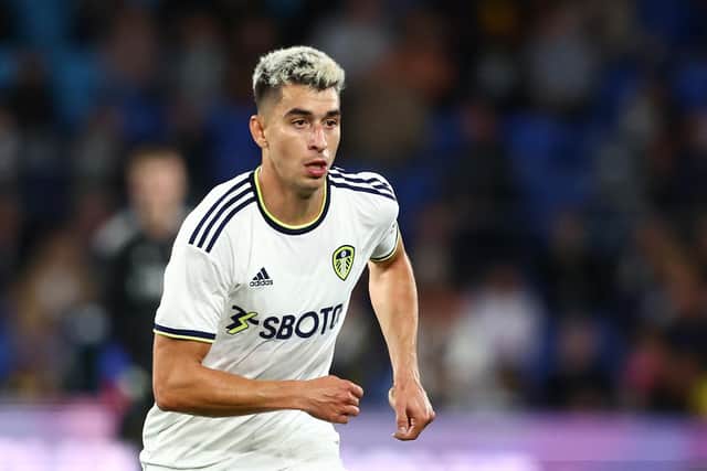 GOLD COAST, AUSTRALIA - JULY 14: Marc Roca of Leeds United kicks during the 2022 Queensland Champions Cup match between Brisbane Roar and Leeds United at Cbus Super Stadium on July 14, 2022 in Gold Coast, Australia. (Photo by Chris Hyde/Getty Images)