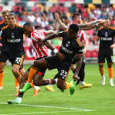 MENACE: Brentford striker Ivan Toney is brought down by Leeds United winger Luis Sinisterra for a penalty which put the Bees on their way to a 5-2 victory against the Whites.
Photo by Tom Dulat/Getty Images.