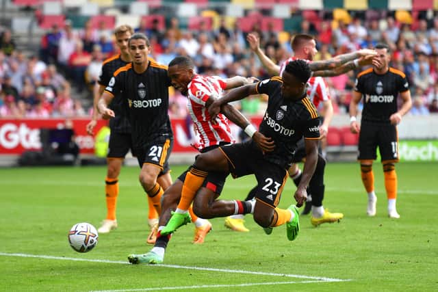 MENACE: Brentford striker Ivan Toney is brought down by Leeds United winger Luis Sinisterra for a penalty which put the Bees on their way to a 5-2 victory against the Whites.
Photo by Tom Dulat/Getty Images.