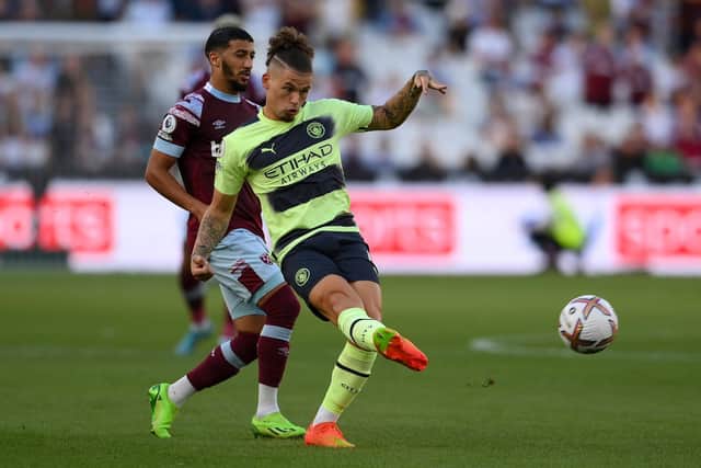 SOLE LEAGUE OUTING: For ex-Leeds United star Kalvin Phillips for new club Manchester City as a late substitute at West Ham last month, above.
Photo by Mike Hewitt/Getty Images.