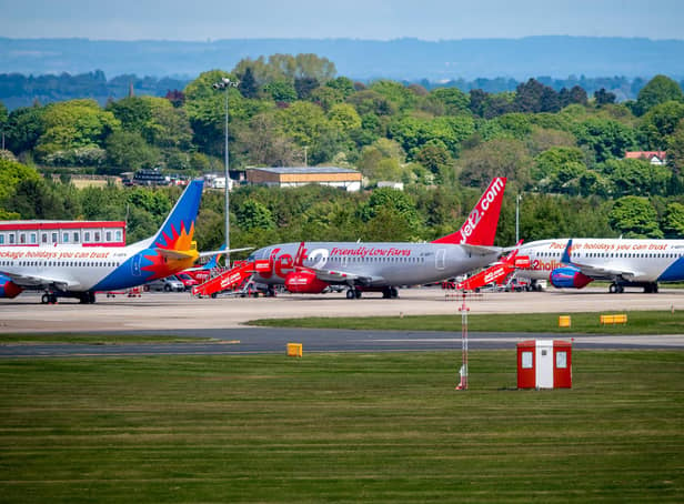 Planes lined up at Leeds Bradford International Airport.