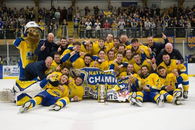 CHAMPIONS: Leeds Knights celebate their NIHL National league title win. Picture: Jacob Lowe/Knights Media.