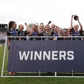 Leeds Rhinos Development Academy celebrate after beating Halifax in the girls' college final at Wakefield Trinity. Picture by John Victor.
