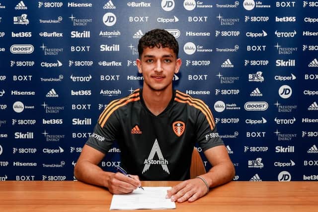 Forward Sonny Perkins signs for Leeds United in July 2022.