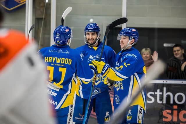 ON FIRE: Jake Witkowski celebrates one of his two goals against Sheffield Steeldogs on Sunday night - he bagged four across the two-game weekend. Picture: Jacob Lowe/Knights Media.